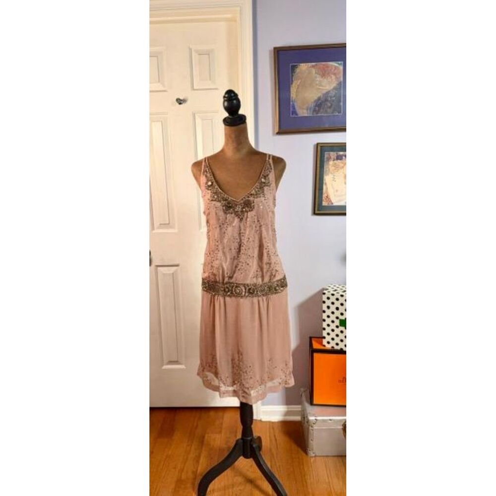 Vintage Y2K Sue Wong Nocturne Beaded Flapper Dress Blush Pink Size 6